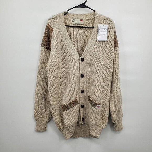 Niffi Ecoose British Wool Knit Cardigan Harris Tweed Patches Men Size Large NWT - Picture 3 of 16
